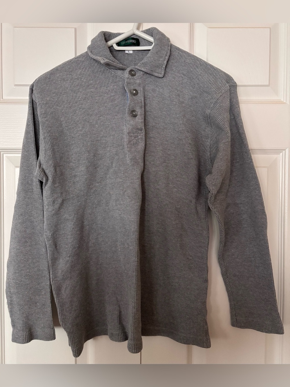 Giordano Men's Grey Waffle-Knit Button Collar Pullover Long Sleeve Shirt